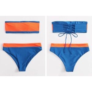 NWT Zaful 2 piece swimsuit bikini beach colorblock high cut blue 6 new bandeau